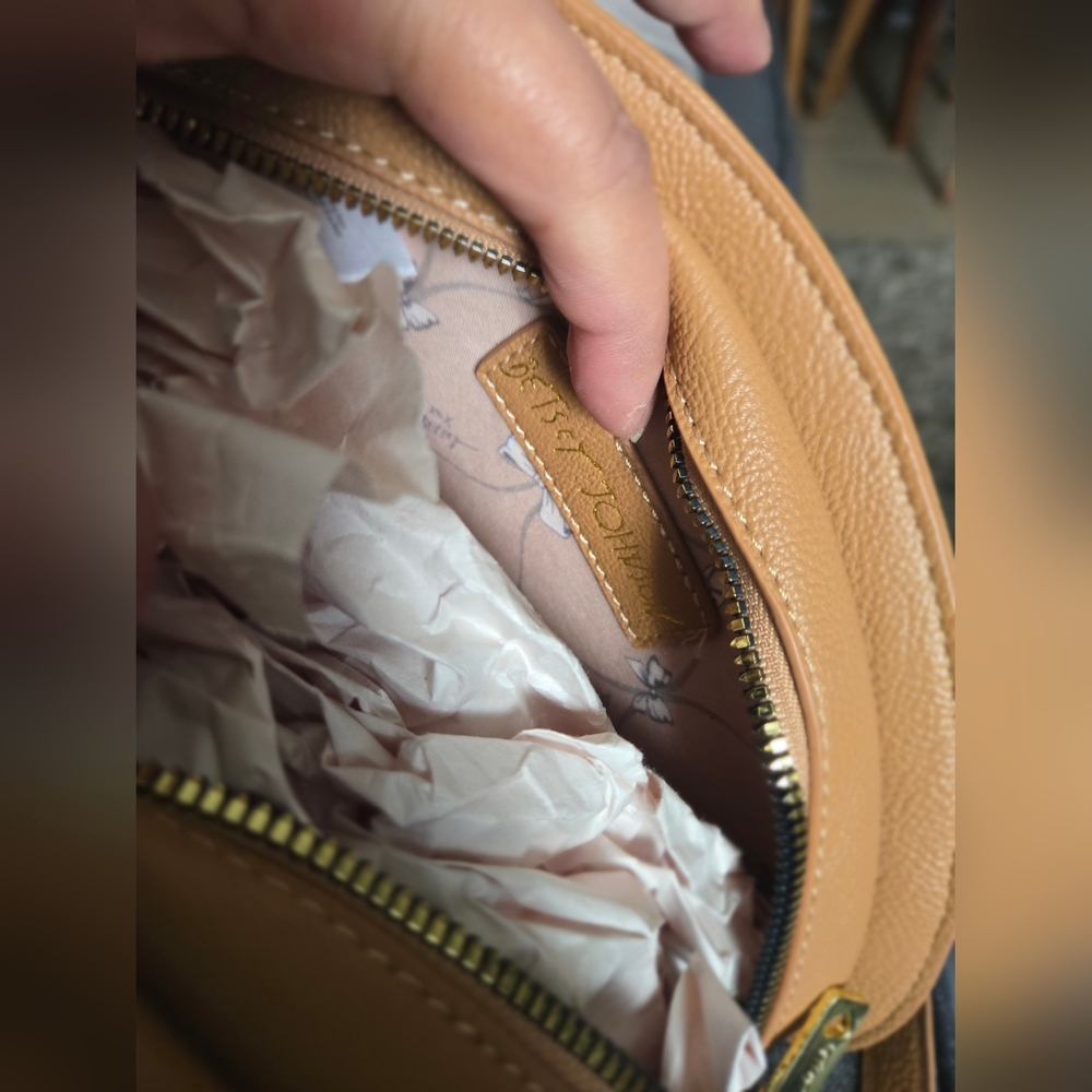 Betsey Johnson Tan Crossbody Football Bag with Pink Patches - Picture 6 of 7